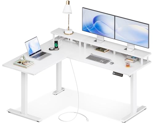 L-Shaped Standing Desk with Monitor Stand and Power Outlets