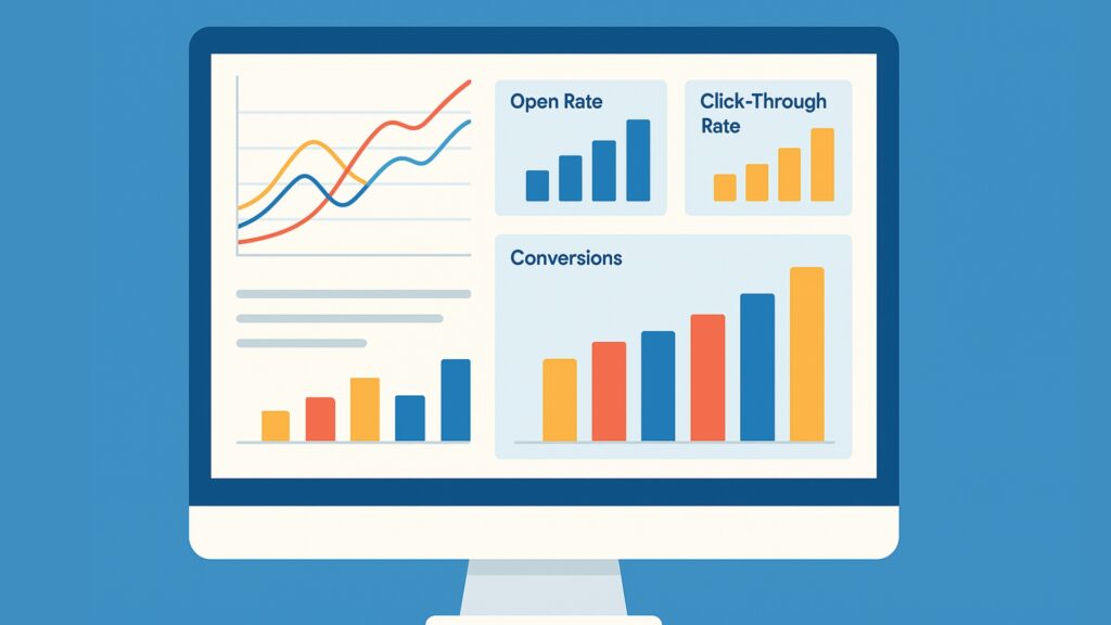 Analytics dashboard showing email open rates, click through rates, and lead conversions for optimization.
