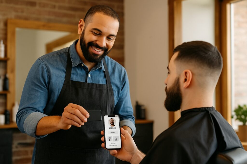Barbershop owner sharing digital business card via NFC with a client