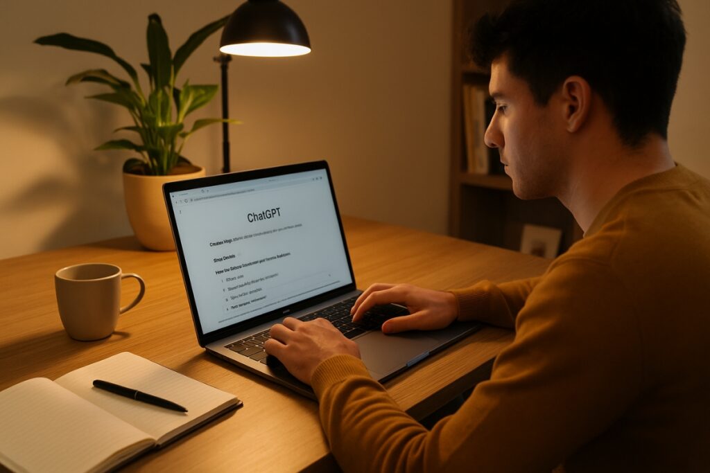 Blogger using ChatGPT to generate blog outline and content ideas quickly.