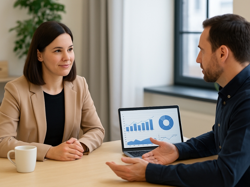 Business owner meeting with SEO consultant reviewing local marketing strategies.