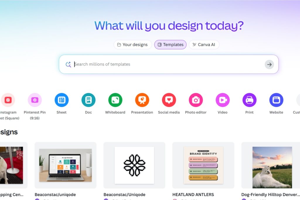 Canva homepage showing design template options for Instagram, Pinterest, presentations, social media, and more.