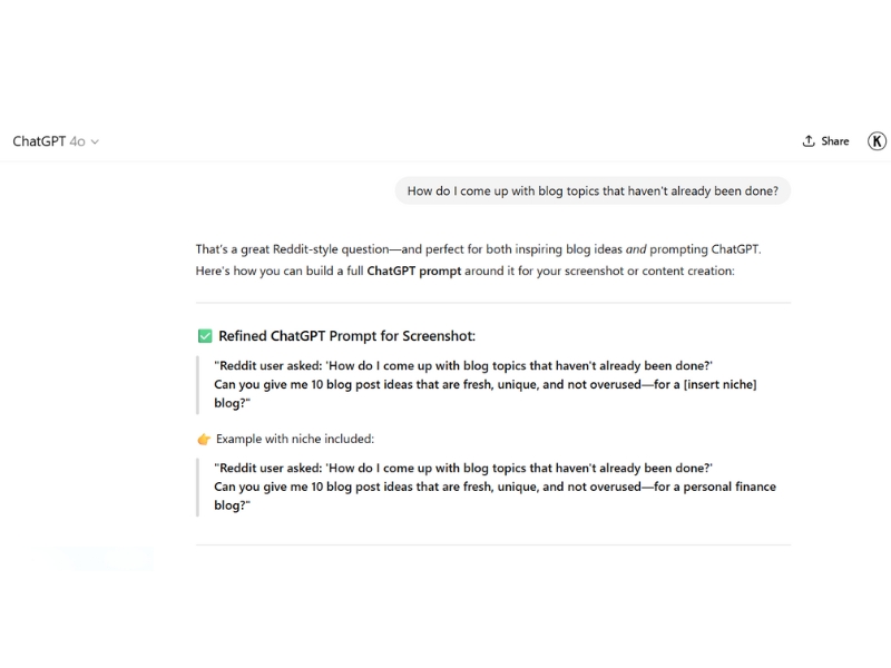 ChatGPT prompt created using real Reddit questions about blog topic struggles.