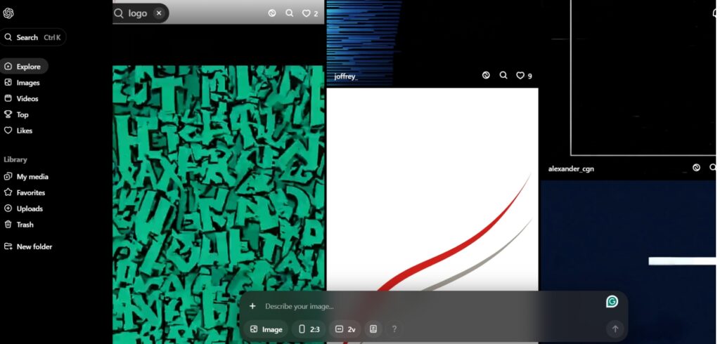 Screenshot of ChatGPT and Sora interface exploring creative logo results, showing abstract green typography art and a minimalist red-and-gray curved design, highlighting how AI logo generators can produce unique visual concepts.