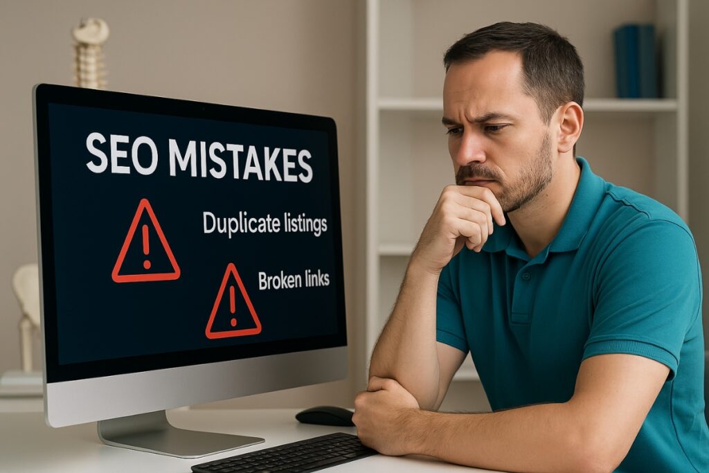 Chiropractor reviewing website errors and local listing inconsistencies that hurt SEO.