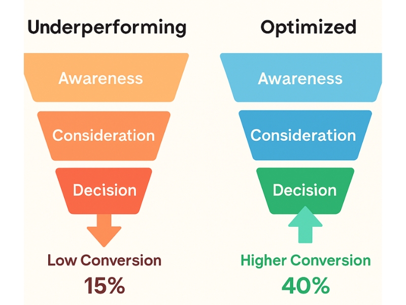 underperforming funnel vs optimized high conversion funnel