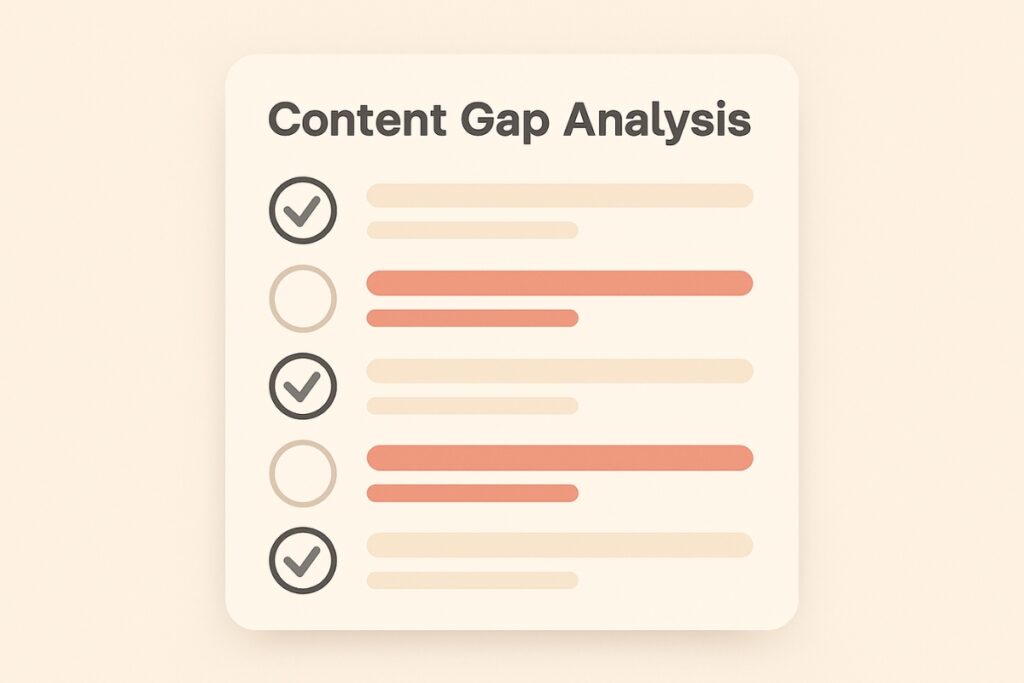 Content gap analysis checklist showing missing local topics and opportunities.
