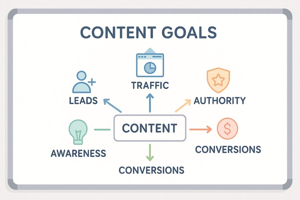 Content goals framework shown on a simple whiteboard with arrows for traffic, leads, awareness, and conversions