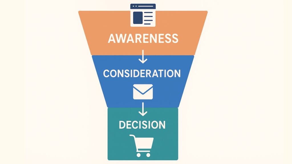 Content marketing automation funnel showing awareness, consideration, and decision stages with related icons.