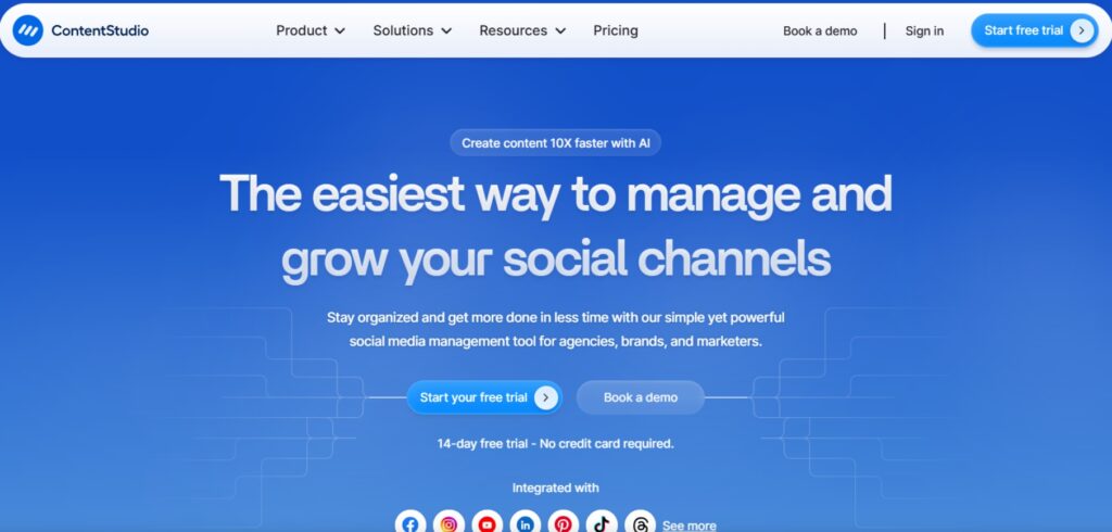 ContentStudio social media management and scheduling platform homepage highlighting AI-powered content tools.