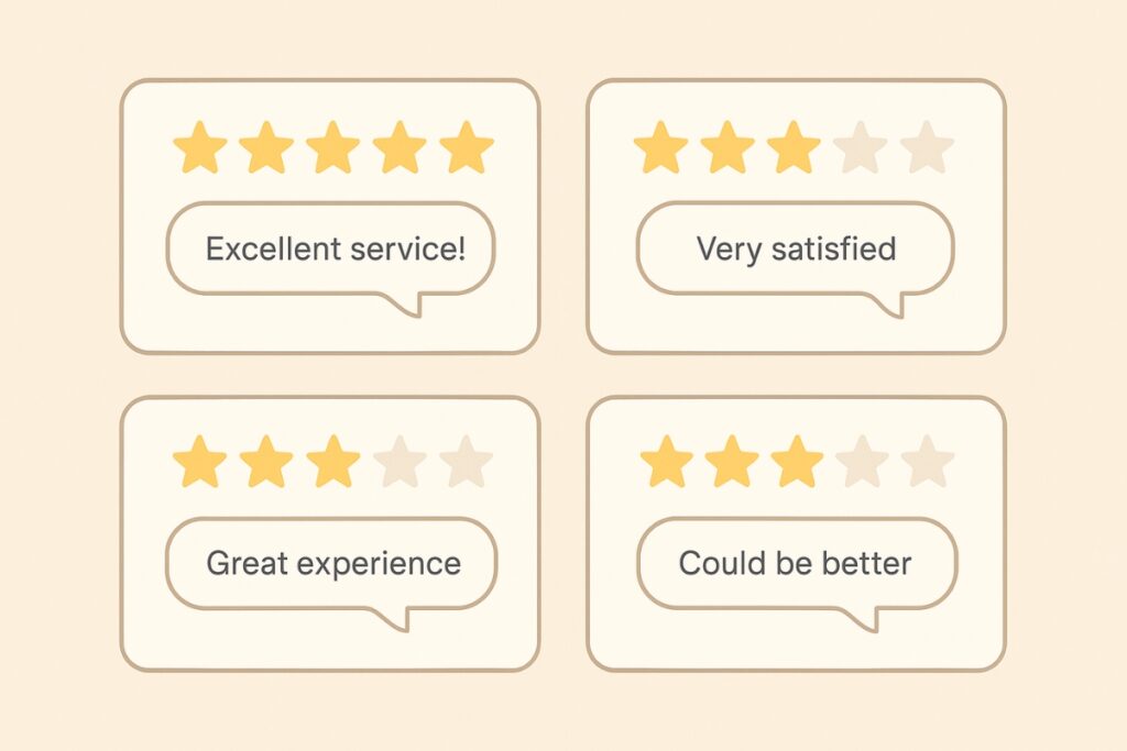 Customer review cards showing star ratings and feedback used for competitor analysis.