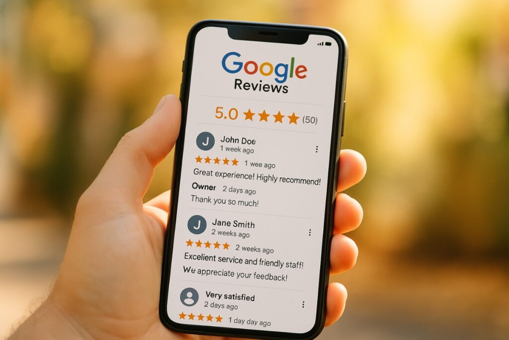 Customer reviews on Google with owner responses displayed on smartphone