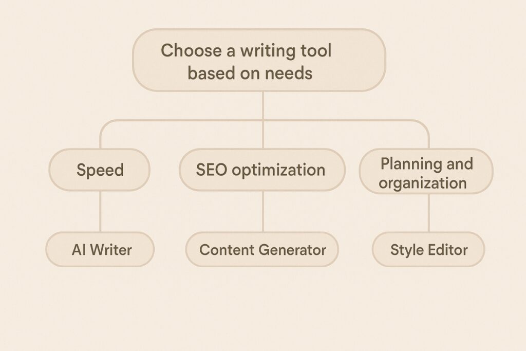 Decision tree graphic for choosing the right AI writing tool based on workflow needs.