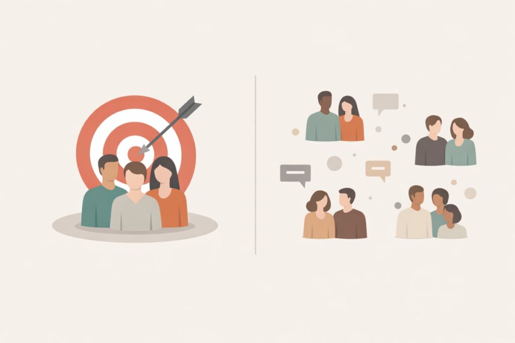 Illustration showing a focused target audience compared to scattered groups to represent blog niche clarity