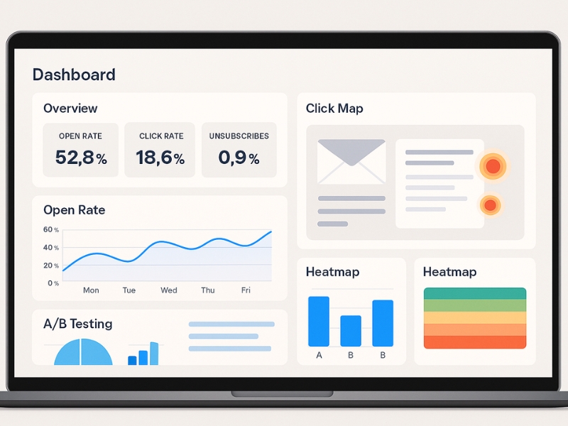 Email marketing analytics dashboard showing open rates, click maps, and AB testing results.