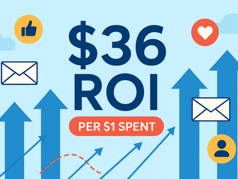 Email marketing ROI infographic showing $36 return for every $1 invested, with icons for engagement and growth