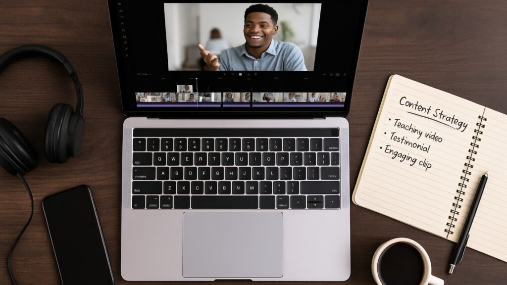 Entrepreneur editing social media videos with affordable tools like CapCut.