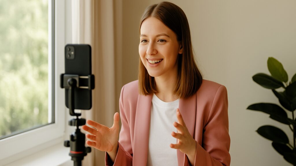 Entrepreneur using smartphone and natural light for budget-friendly video recording.