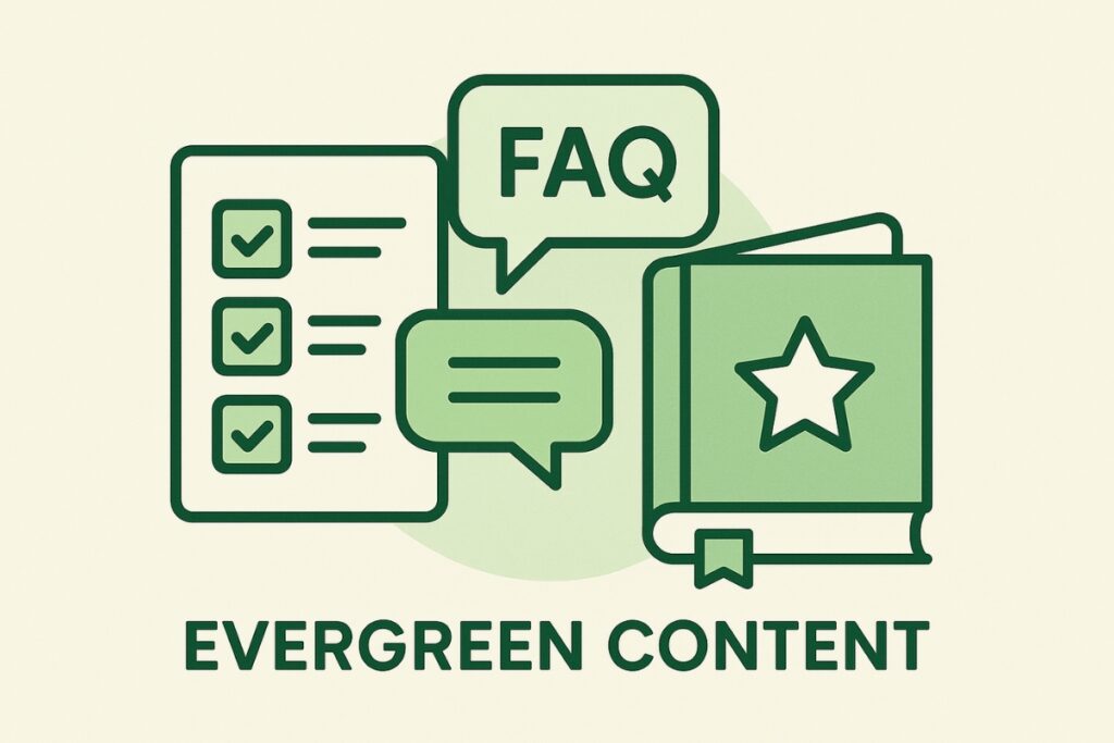Evergreen content illustration with icons for guides, FAQs, and list posts.