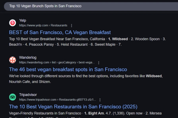 google screenshot of search results for best vegan brunch spots