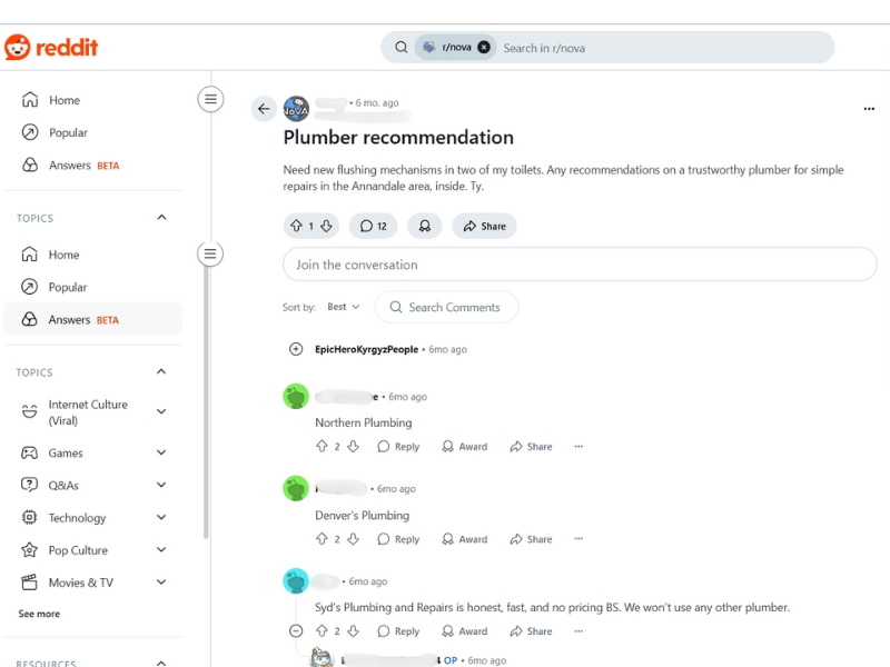 Example of a local business recommendation post on Reddit