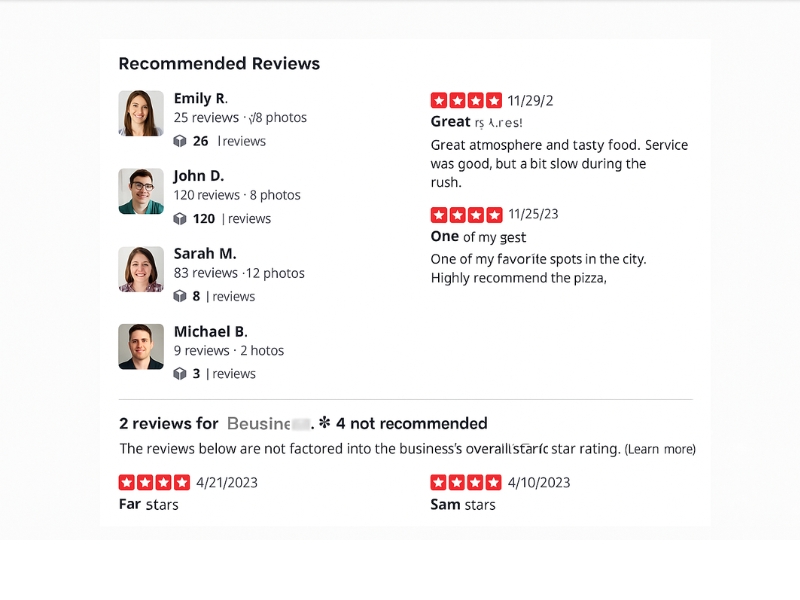 Example of Yelp review filter highlighting hidden reviews and trusted reviews from active users.