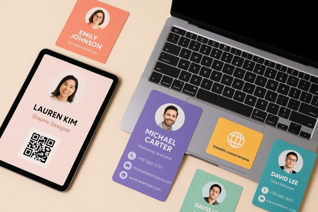 Examples of digital business card templates designed in Canva and VistaCreate.