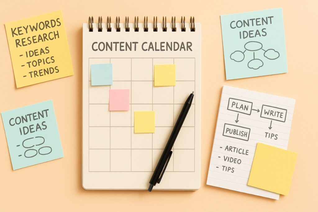 Flat lay of a content calendar and keyword ideas for newsletter planning