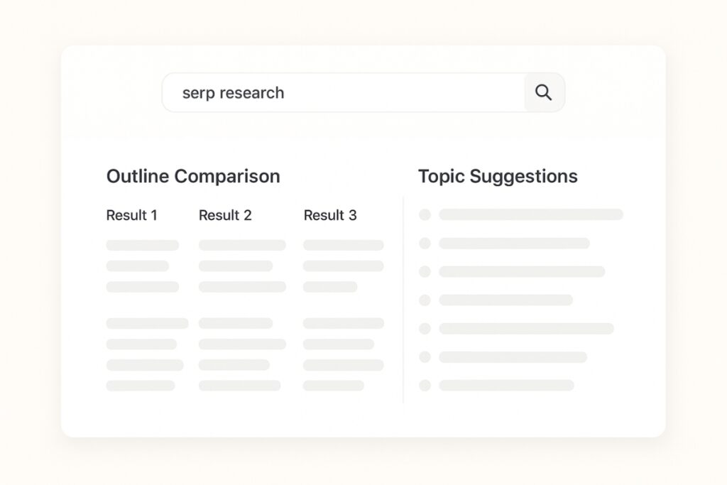 Frase research panel comparing top-ranking search results and topics.