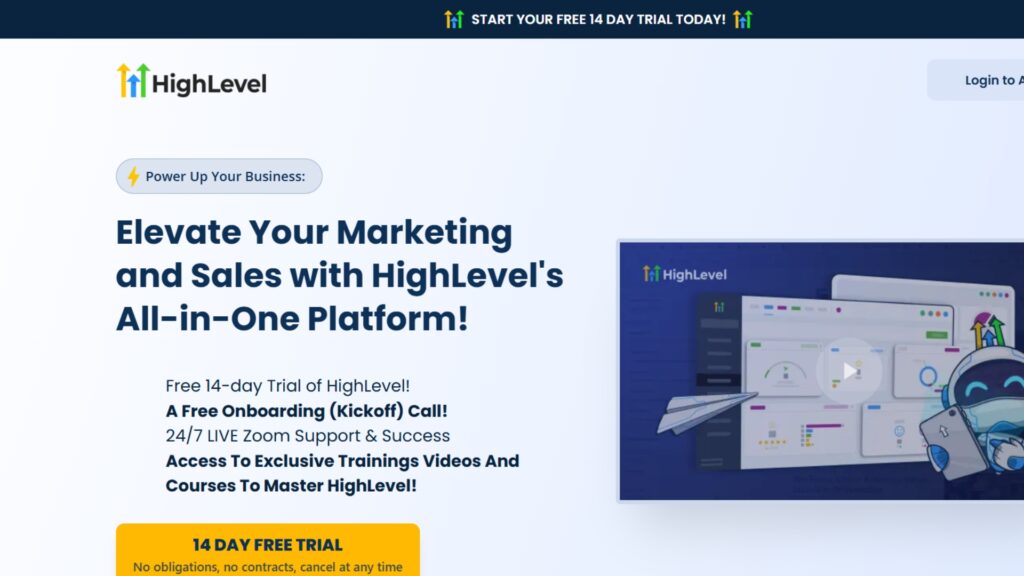 GoHighLevel homepage promoting its all-in-one marketing platform with CRM, automation, and sales tools, offering a 14-day free trial.
