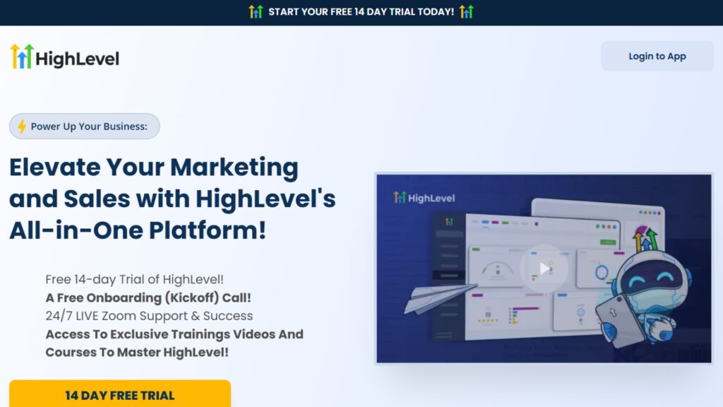 GoHighLevel all-in-one marketing and sales platform homepage promoting 14-day free trial with CRM, funnels, and automation tools.