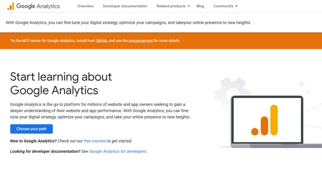Google Analytics homepage encouraging users to learn how to track website traffic, optimize campaigns, and improve digital strategy.