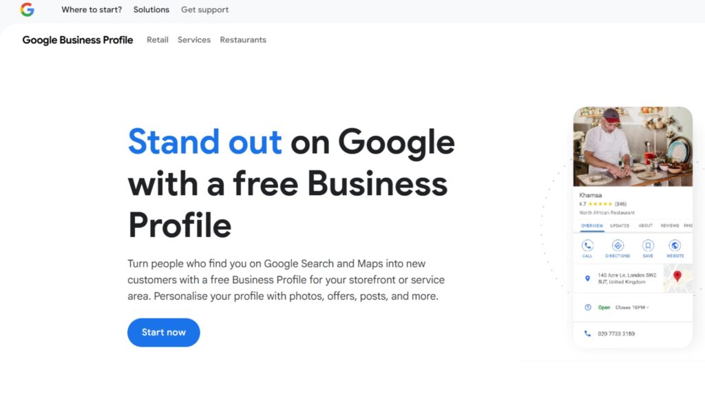 Google Business Profile homepage showing how businesses can stand out in local search and Maps with free profiles, photos, and reviews.