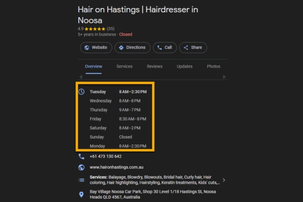 uodated business hours of google business profile