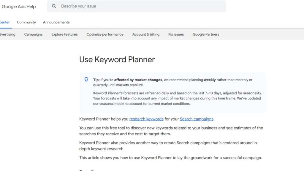 Google Ads Help page showing how to use Keyword Planner for keyword research in local SEO campaigns, including tips on planning by market changes.