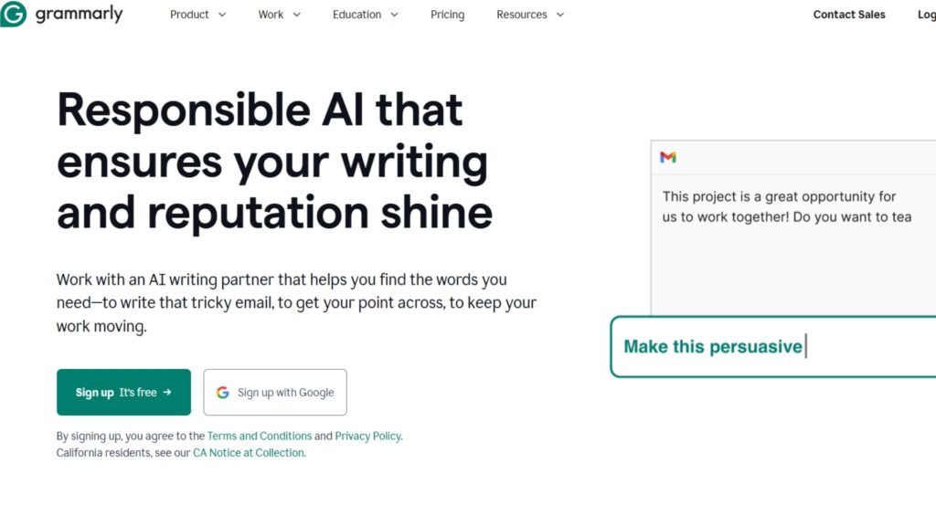 Grammarly homepage showcasing AI-powered writing assistance to improve clarity, tone, and reputation for content marketing.