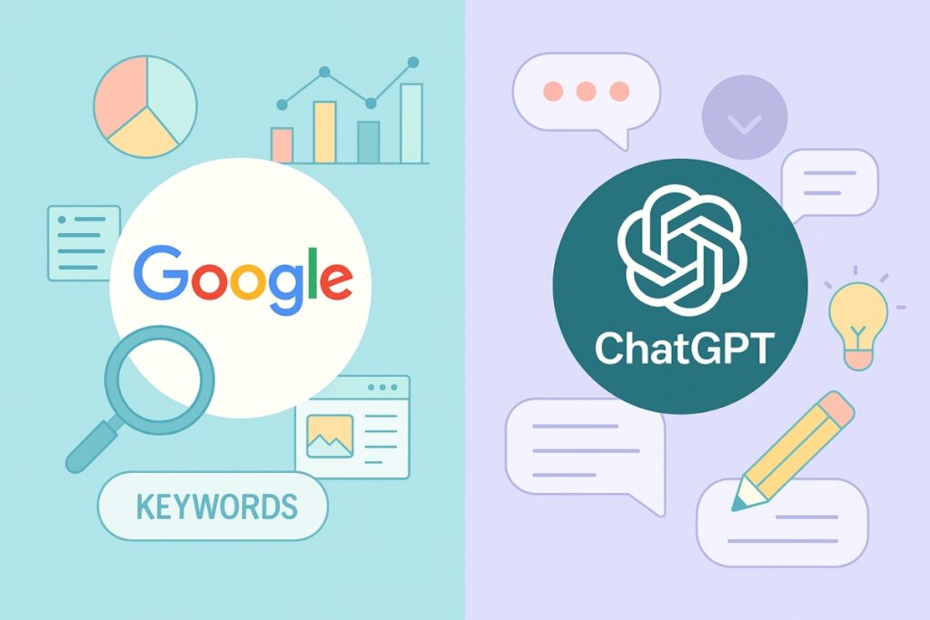 Illustration comparing Google keyword research and ChatGPT content creation tools.