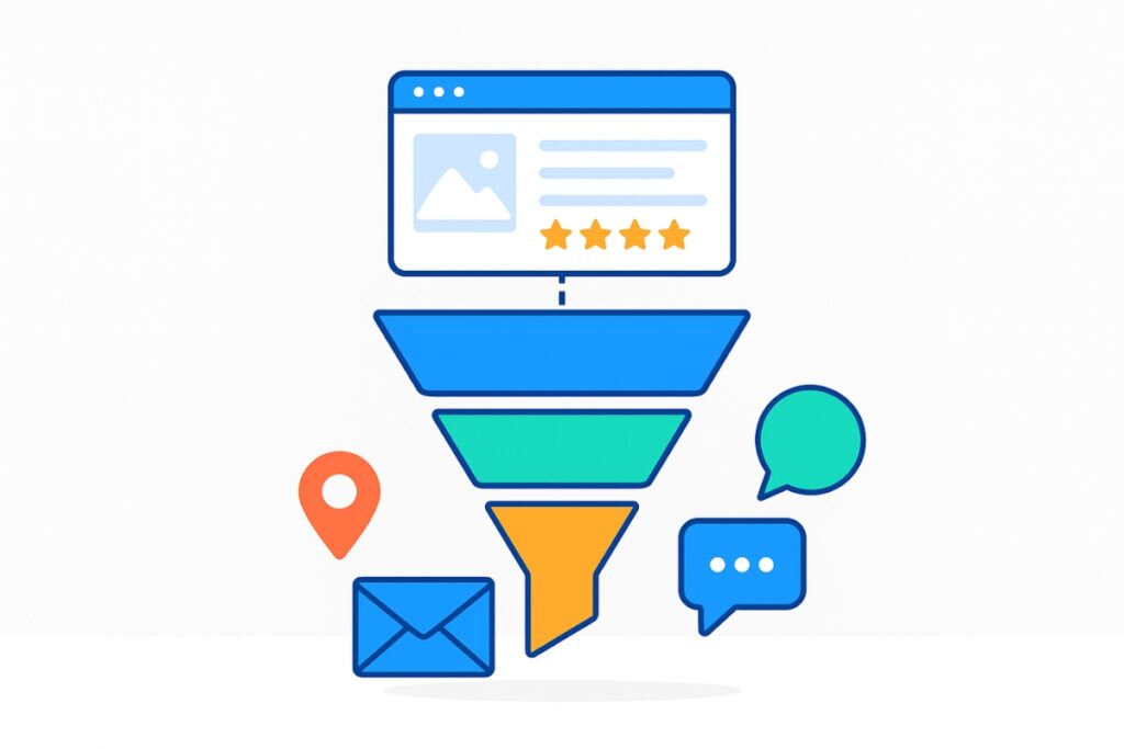 Illustration of a digital lead funnel showing a landing page at the top narrowing down to email and text message icons at the bottom.