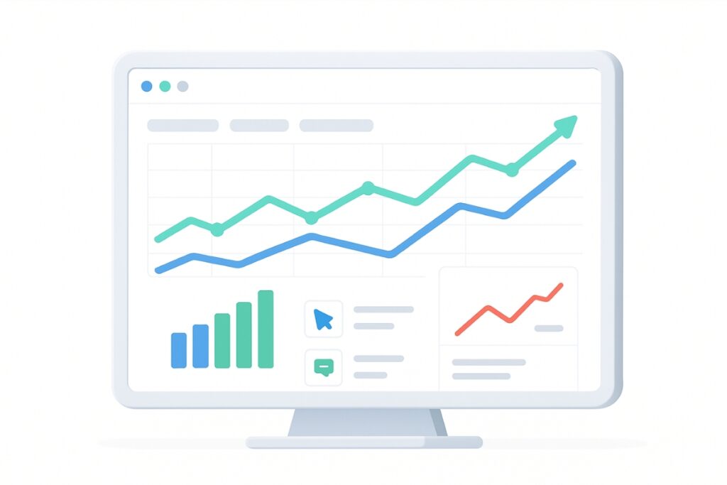 Illustration of a modern analytics dashboard screen displaying upward graph lines, bar charts, and local engagement metrics.
