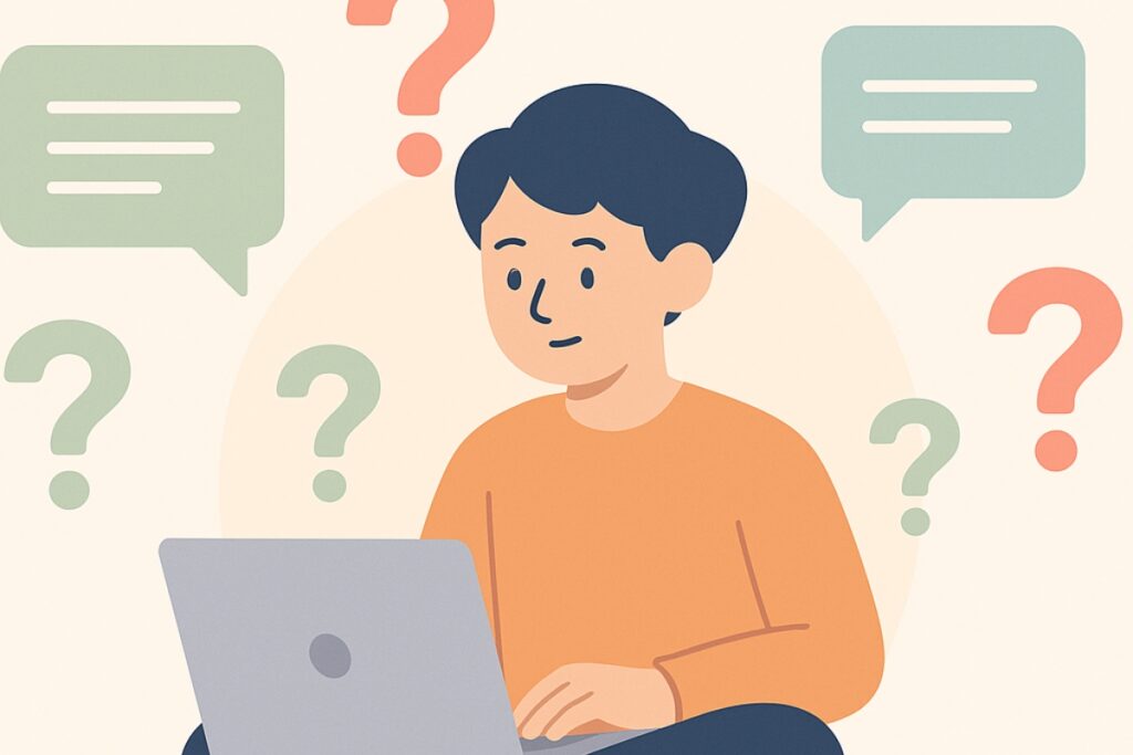 Illustration of blogger researching and asking questions about ChatGPT and Google tools.