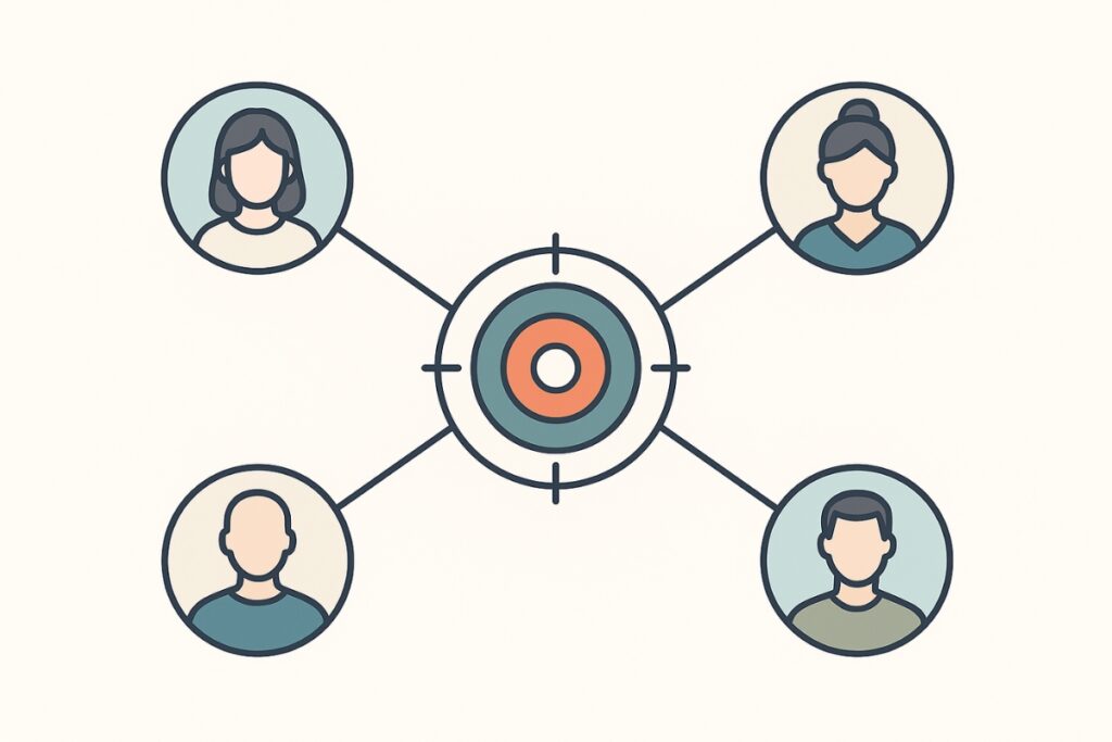 Illustration of ideal client profiles connected to a central target icon.
