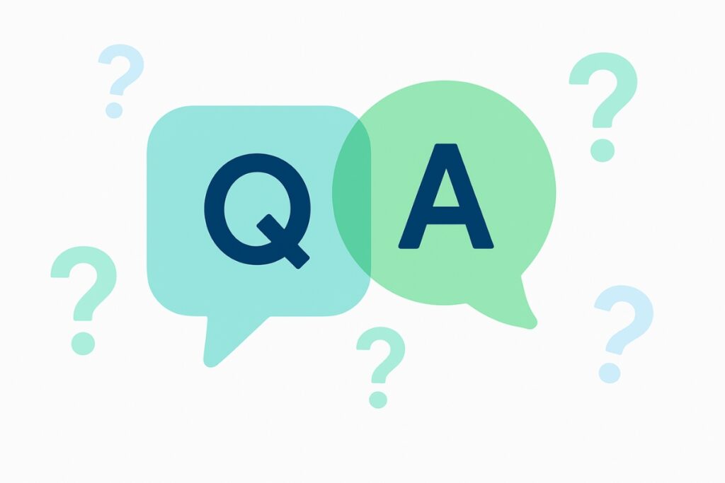 Illustration of two large overlapping speech bubbles marked Q and A surrounded by question mark icons on a clean background.