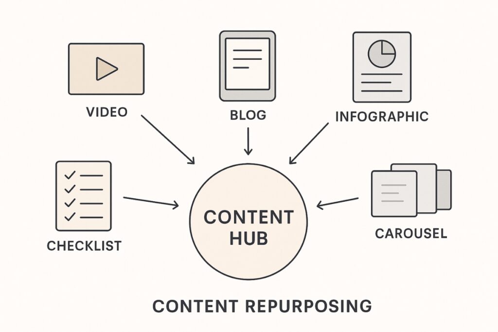 Illustration showing a content hub with arrows leading to multiple repurposed formats.