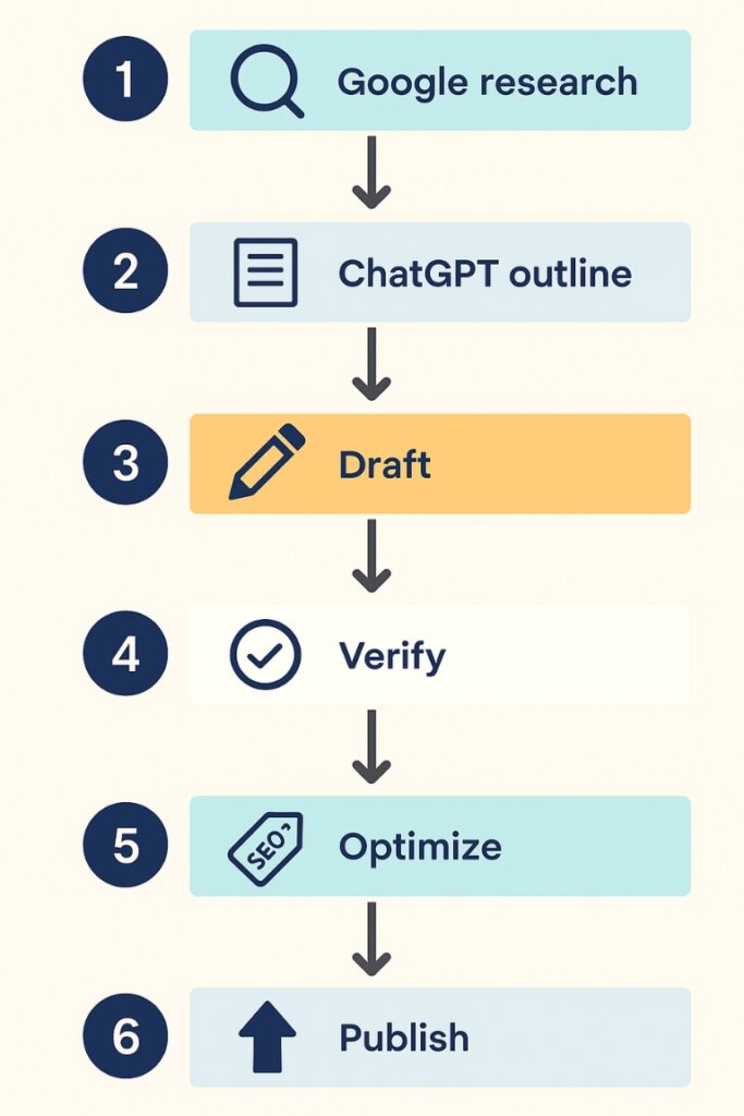 Infographic showing step-by-step workflow combining ChatGPT and Google for blogging.