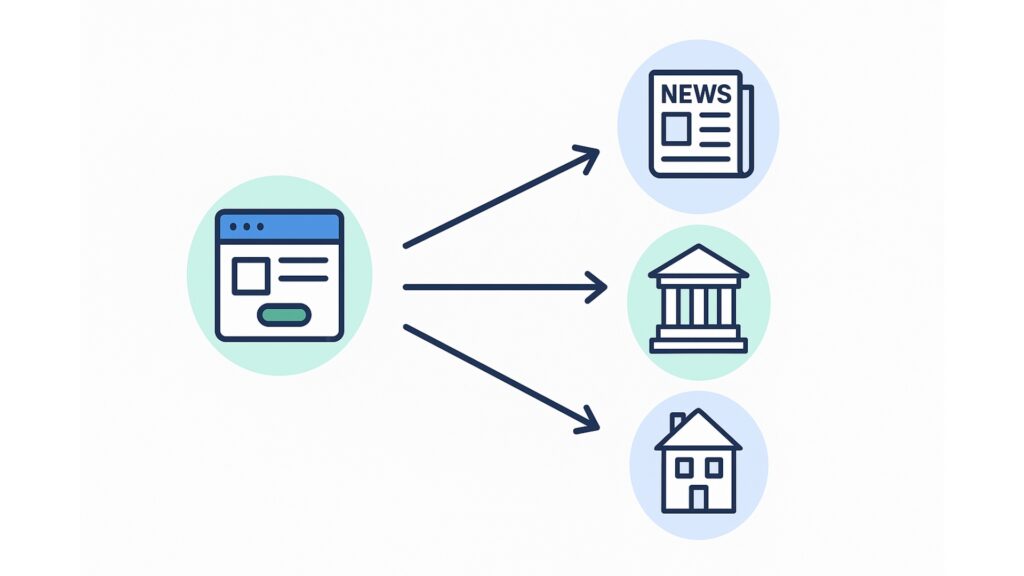 Local backlink strategy illustration with community websites, newspapers, and chambers of commerce linking to a business site.