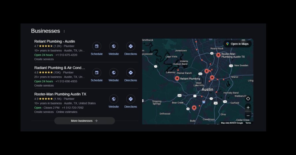 screenshot of google map pack with seo optimized results