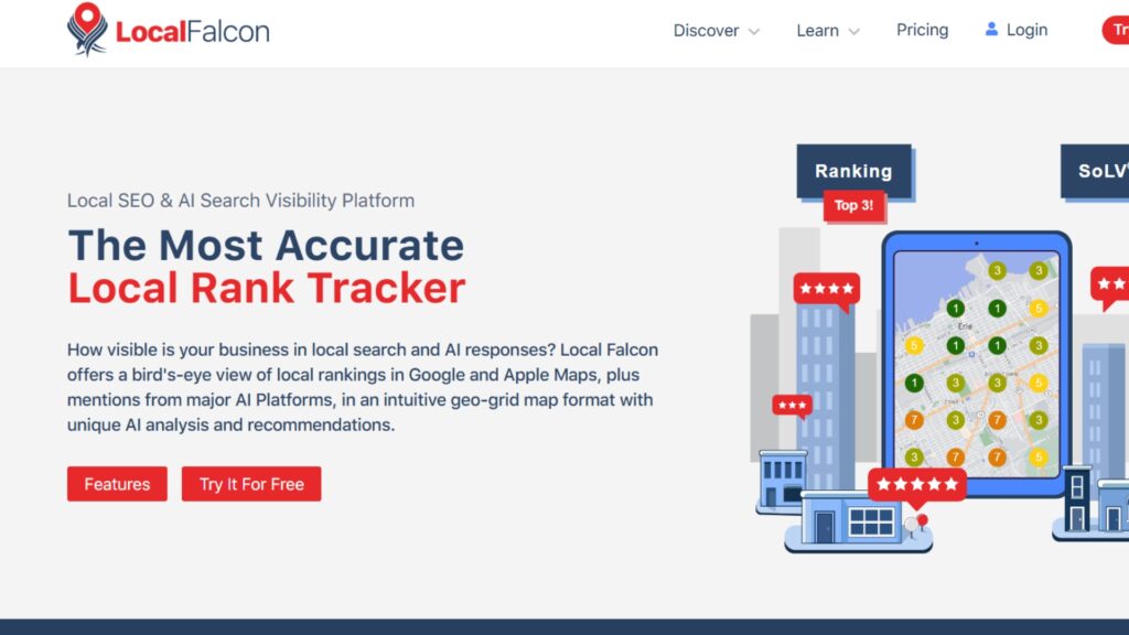 Local Falcon homepage promoting its local rank tracker with geo-grid maps and AI-powered insights to measure search visibility.