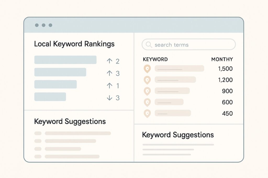 Local keyword research dashboard showing ranking patterns and search terms.