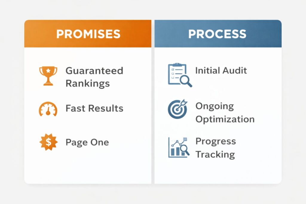 Local SEO promises versus real SEO process explained visually
