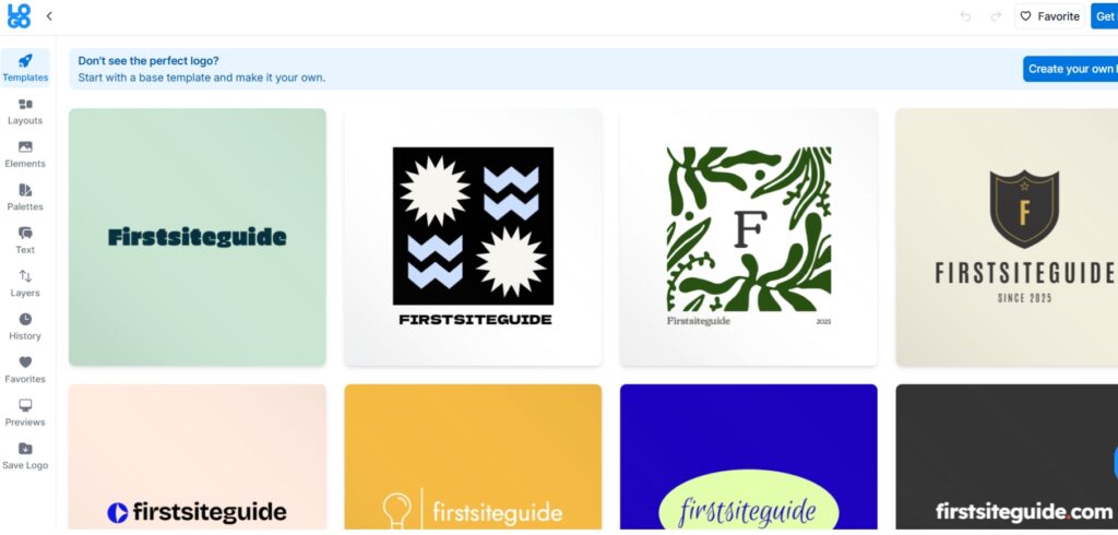 Screenshot of LOGO.com AI logo generator showing multiple creative logo options for the name Firstsiteguide, with modern templates, icons, and text-based designs displayed in a grid for easy customization.